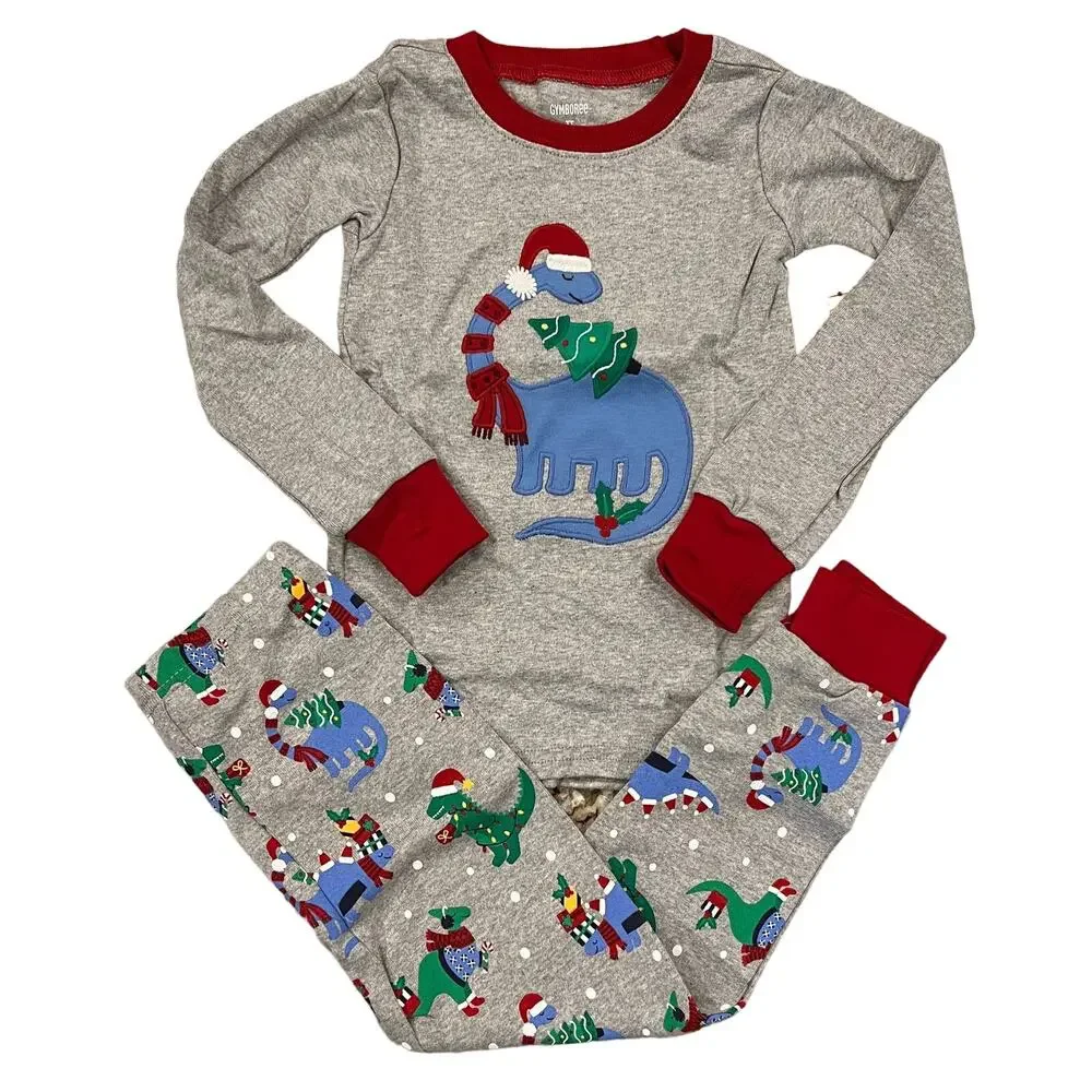NWT Gymboree Boys Grey W/Christmas Dinosaur Cotton Pajamas